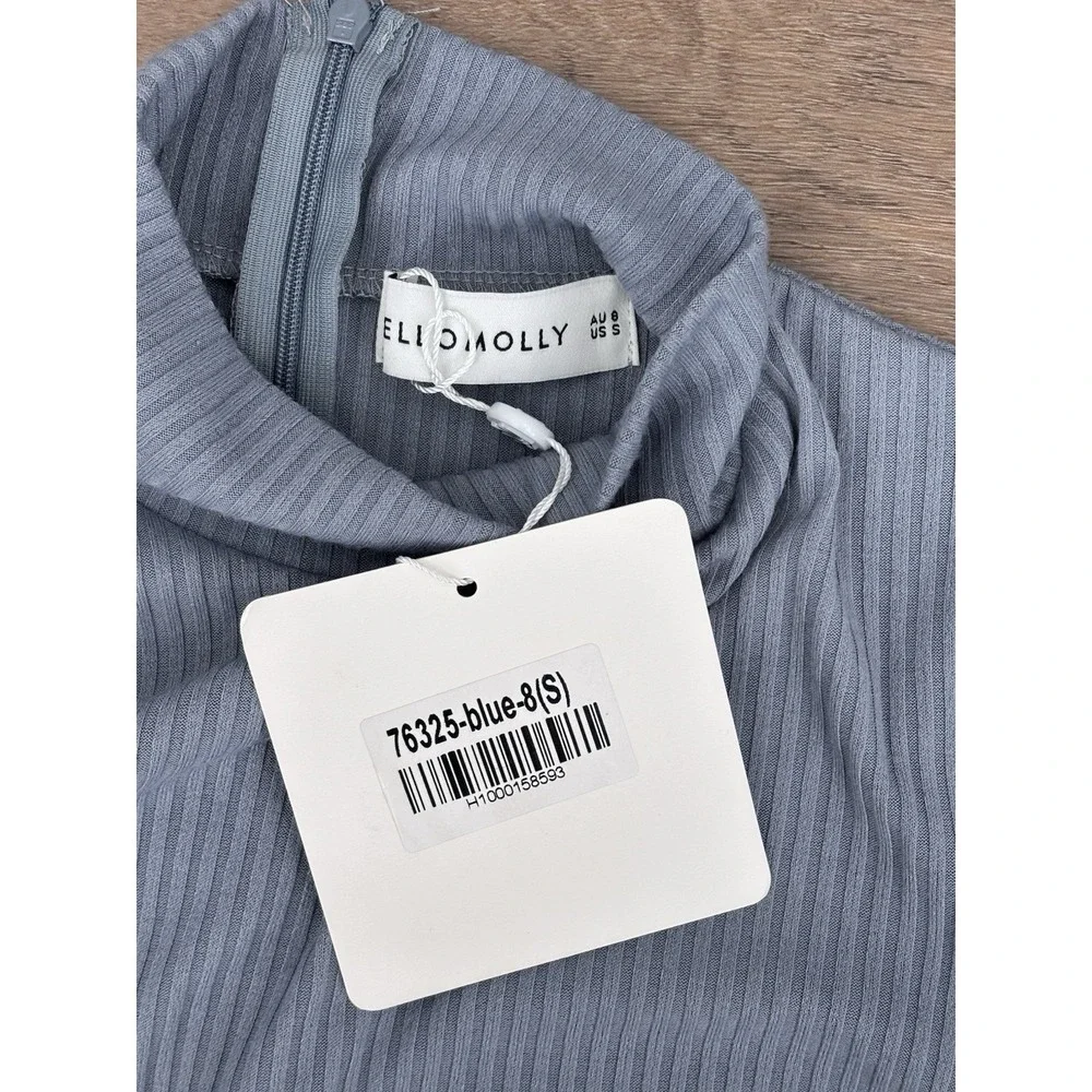 Hello Molly Mini Dress Size Small Blue Gray Ribbed Mock Turtleneck Bodycon NWT
